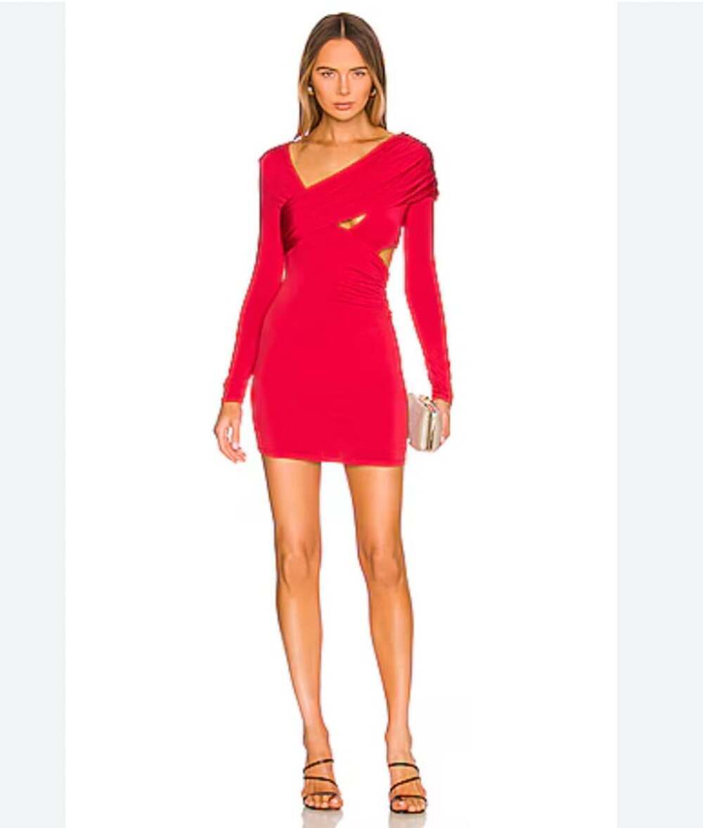 H:ours Ariya Dress Womens Small Red Ruched Long Sleeve Bodycon Mini Cutout Party
